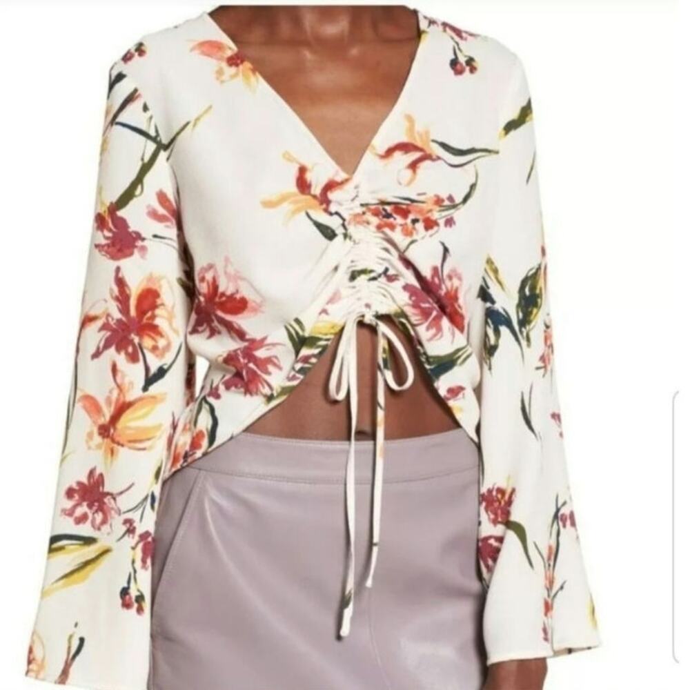 Leith floral print flare long sleeve cinched middle vneck blouse woman's size XS